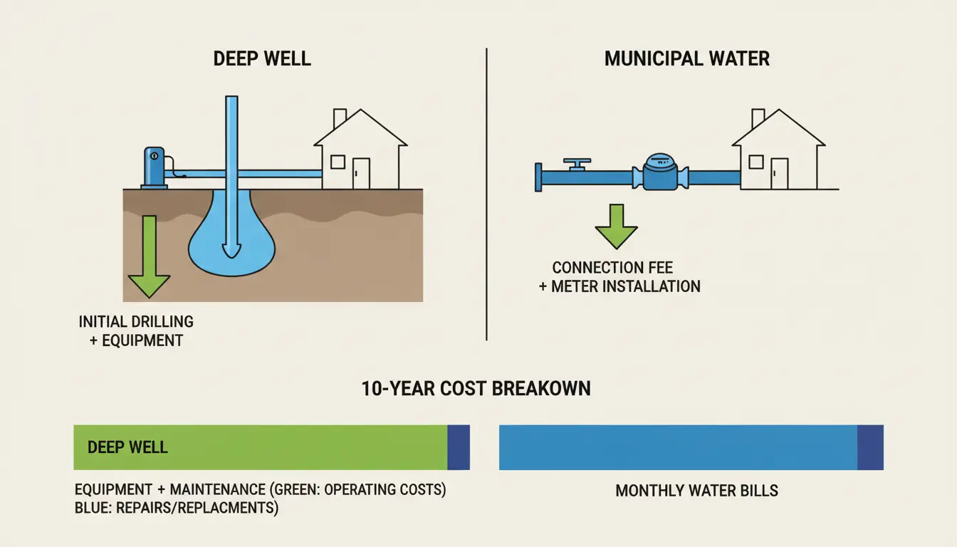 Porównanie kosztów studni głębinowej i przyłącza wodociągowego - infografika pokazująca zwrot inwestycji i oszczędności w ciągu 10 lat