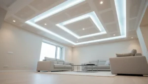 Nowoczesny salon z białym sufitem podwieszanym z płyt gipsowych GK i ukrytym oświetleniem LED - koszt montażu w 2026 roku wynosi średnio 135-220 złotych za metr kwadratowy