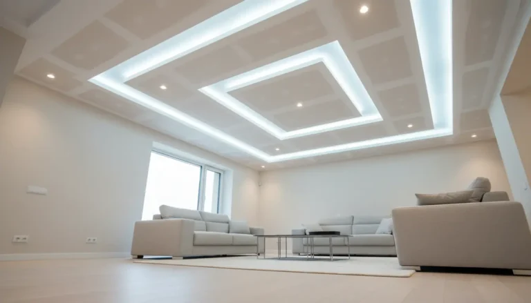Nowoczesny salon z białym sufitem podwieszanym z płyt gipsowych GK i ukrytym oświetleniem LED - koszt montażu w 2026 roku wynosi średnio 135-220 złotych za metr kwadratowy