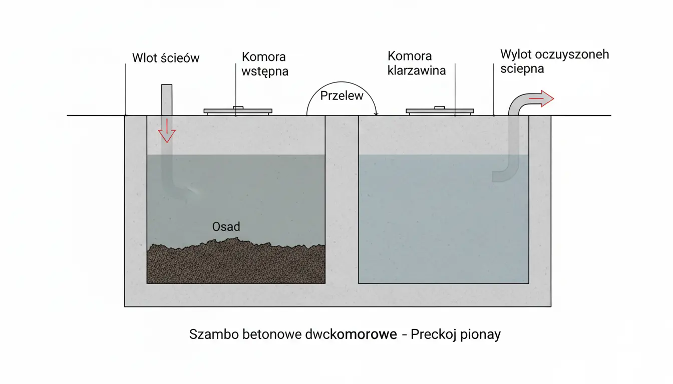 Przekrój szamba betonowego dwukomorowego - schemat pokazujący budowę zbiornika z dwiema komorami, przegrodą i przepływem ścieków 2026