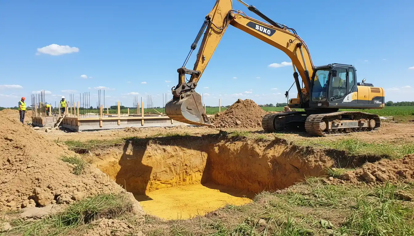 Wykop pod szambo betonowe 10 m³ - koparka przygotowująca miejsce na zbiornik betonowy dwukomorowy, widoczna żółta podsypka piaskowa