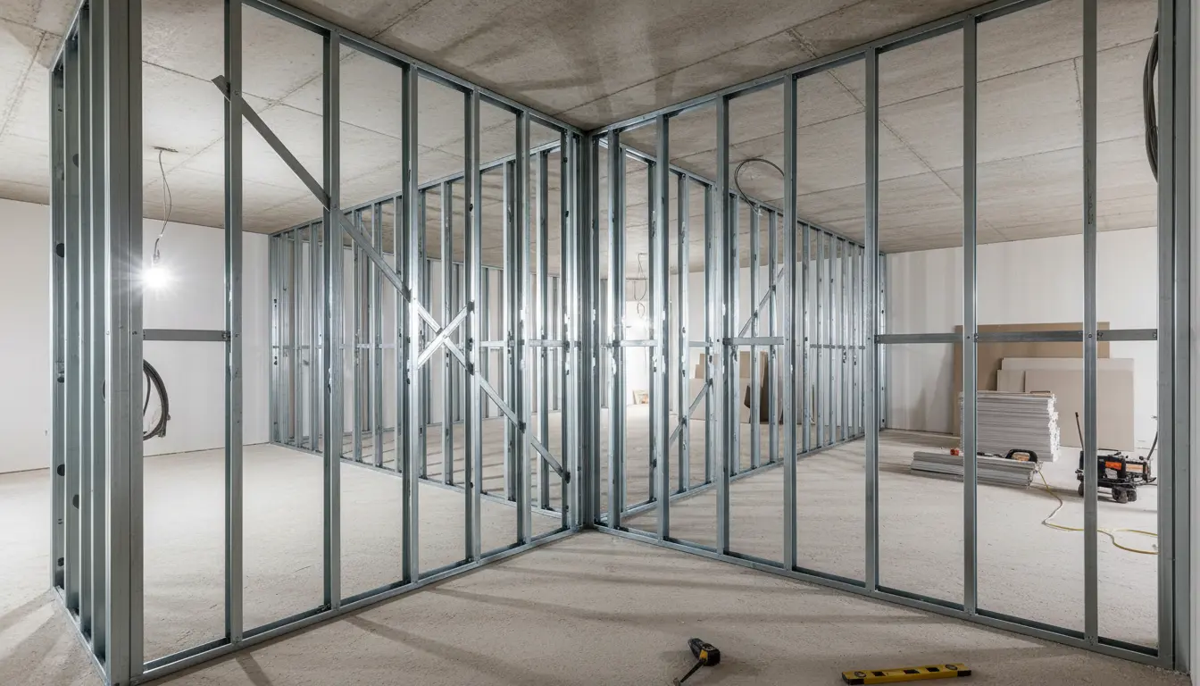 Szkielet ściany z płyt GK z zamontowanymi profilami CW w prowadnicach UW stalowa konstrukcja przed opłytowaniem