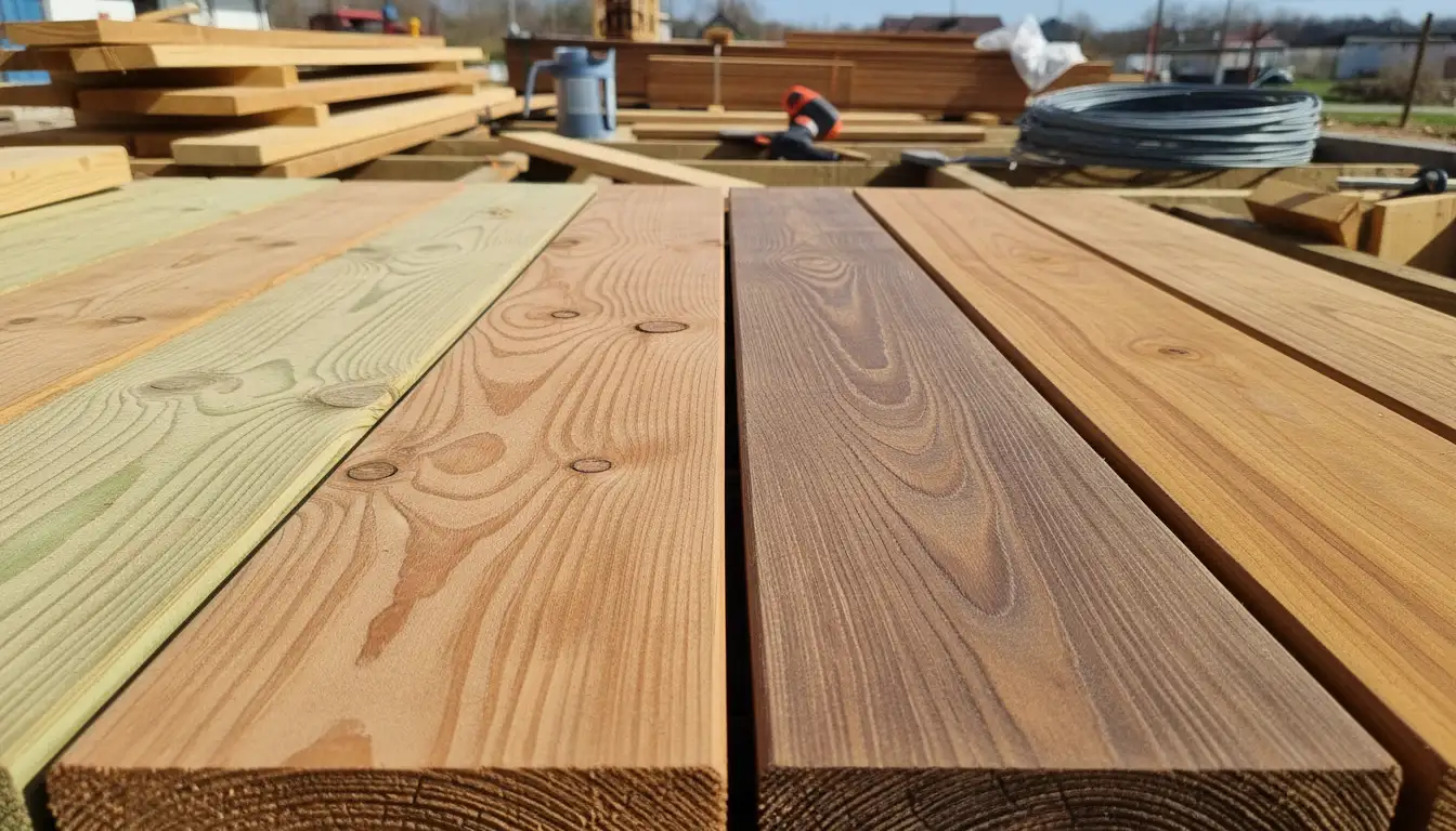 Różne gatunki drewna na taras - sosna impregnowana, modrzew europejski i syberyjski oraz drewno egzotyczne jak teak i bangkirai z różnymi kolorami i fakturą