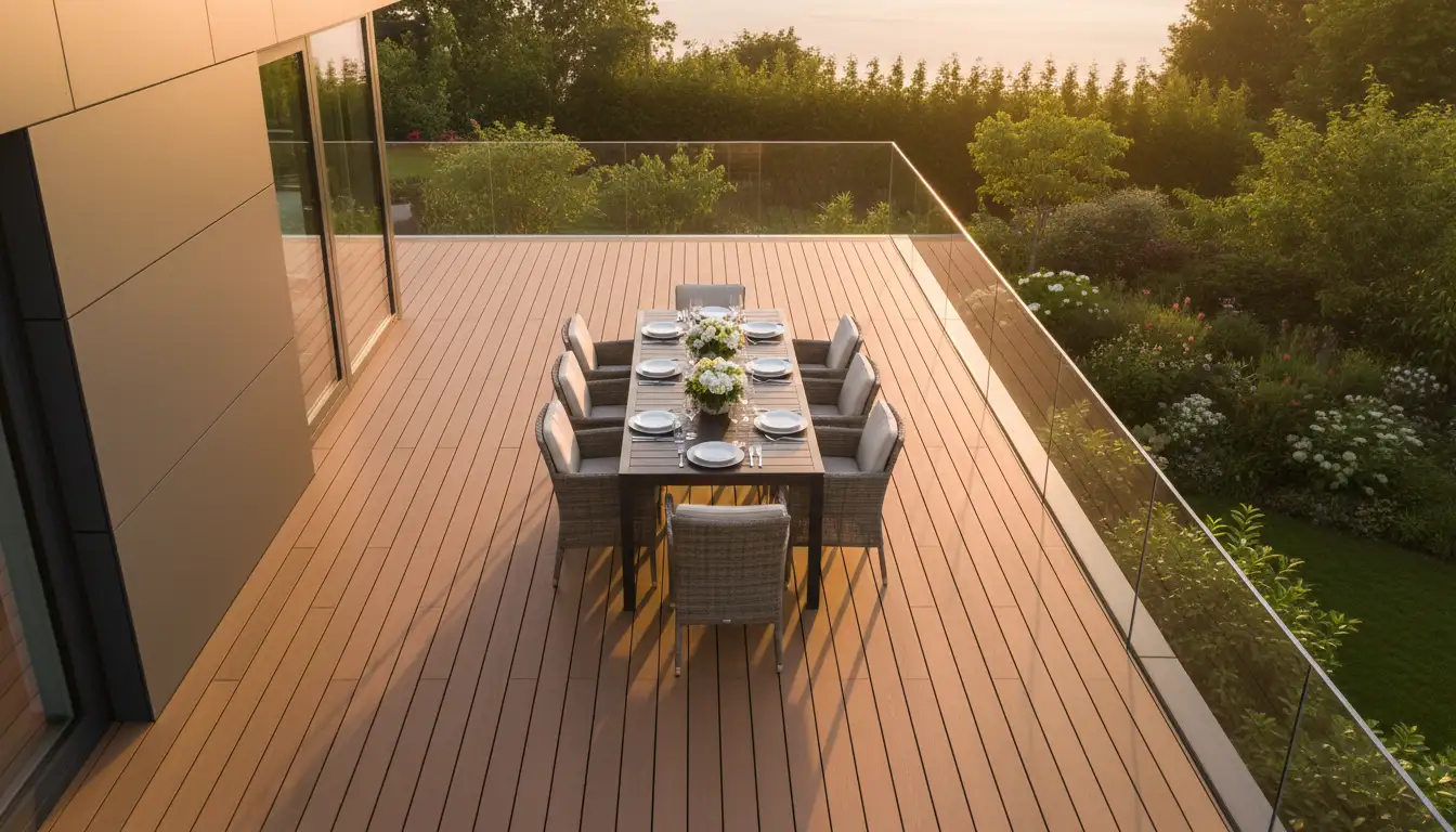 Taras z desek kompozytowych widok z góry z eleganckim stołem obiadowym i zielonym ogrodem w tle