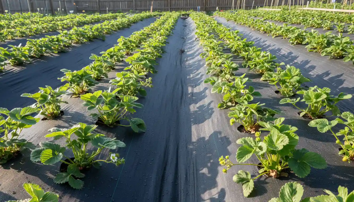 Truskawki posadzone w równych rzędach na czarnej agrowłókninie z prawidłowym rozstawem sadzenia 25-30 cm