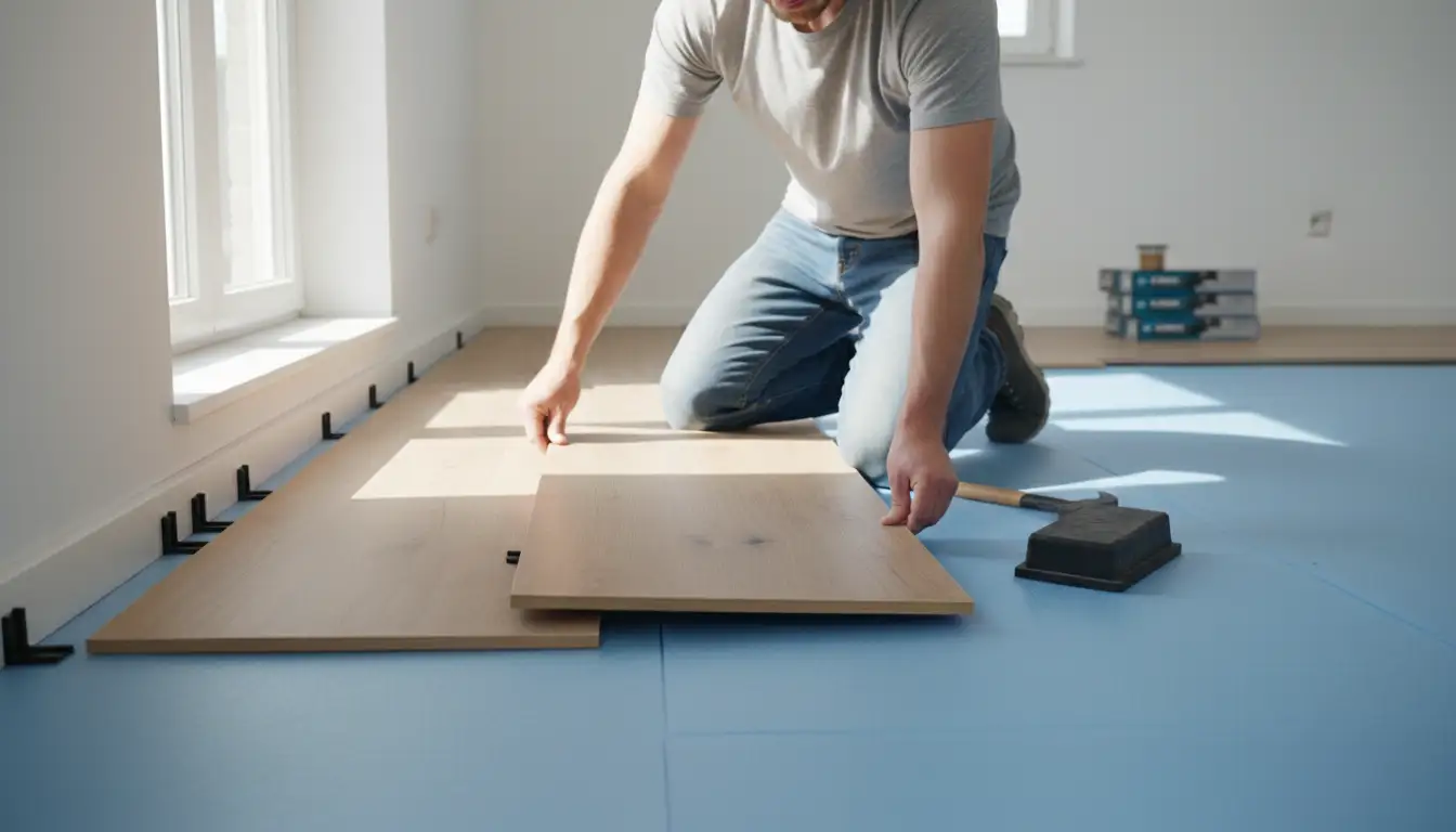 Osoba układająca panele podłogowe na podkładzie z widocznym systemem click i klinami dystansowymi przy ścianie