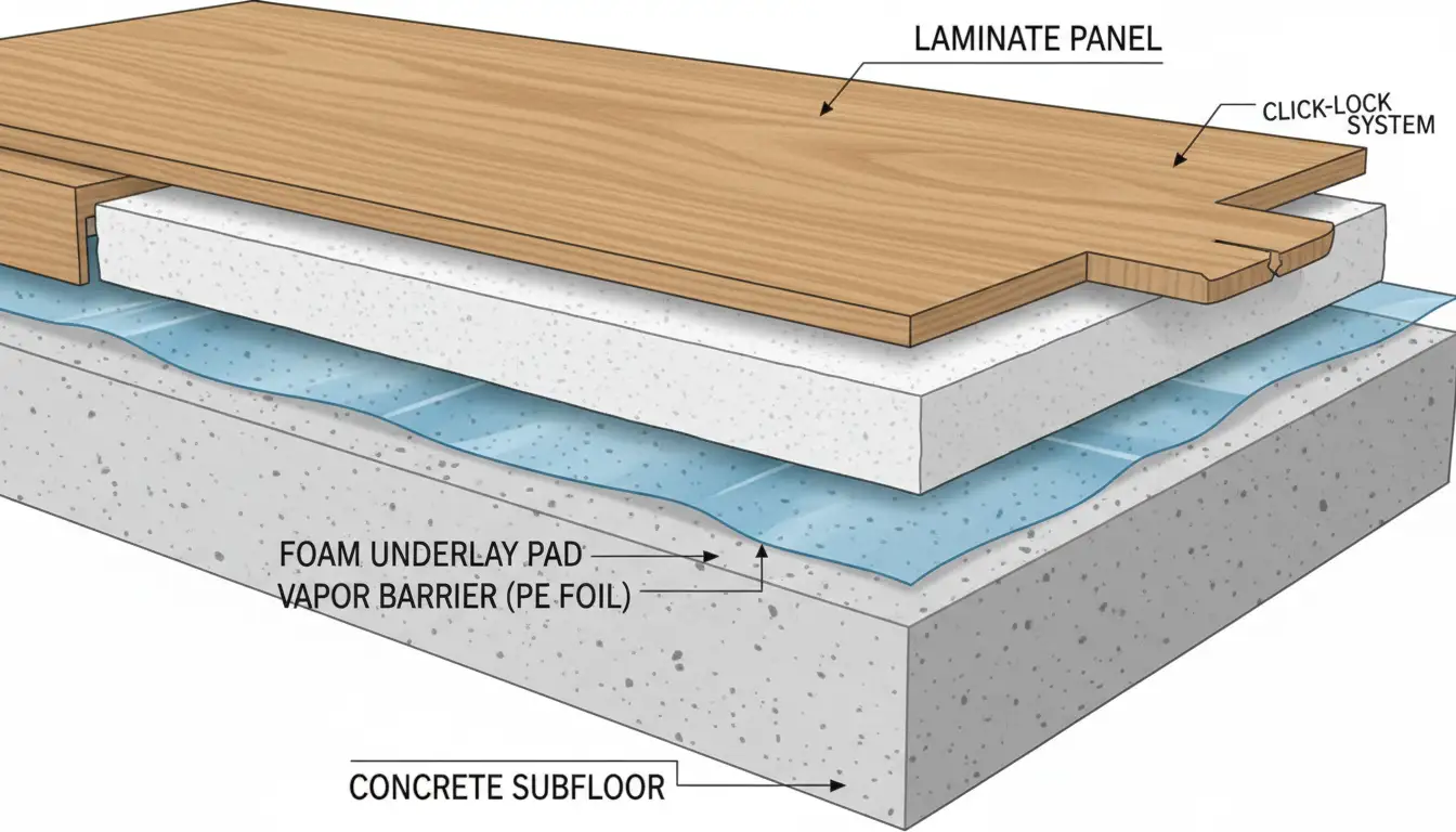 Przekrój warstw podłogi laminowanej - wylewka betonowa folia paroizolacyjna podkład piankowy panel podłogowy z systemem click