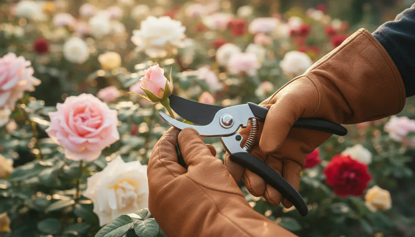 Wiosenne przycinanie róż sekatorem bypass - prawidłowe cięcie pod kątem 45 stopni nad oczkiem skierowanym na zewnątrz krzewu