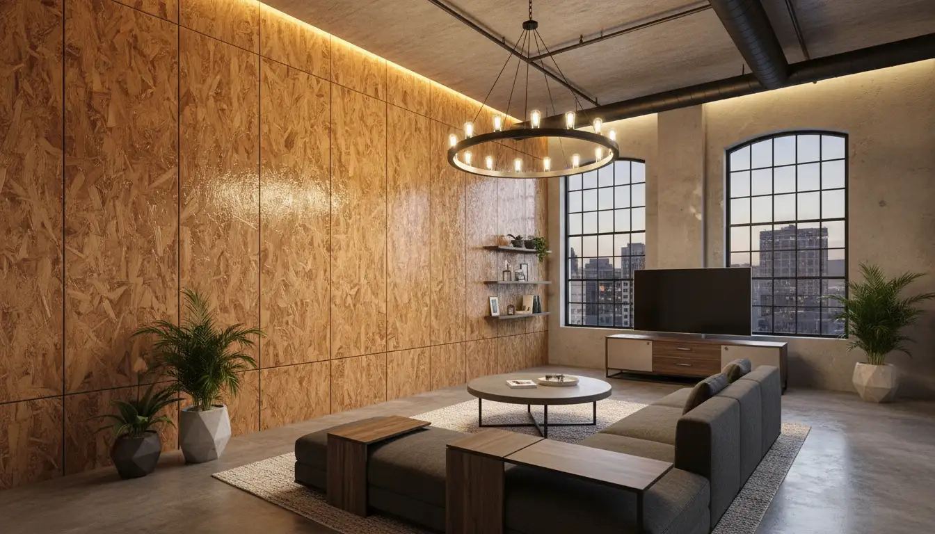 wykończona ściana z płyt OSB we wnętrzu styl industrialny loft salon