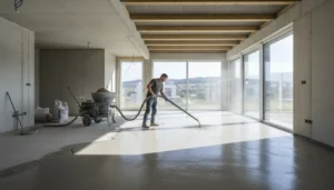 Robotnik wylewa gładką szarą wylewkę anhydrytową pompą w nowoczesnym domu - cena za m2 w 2026 roku wynosi 55-70 zł z materiałem i robocizną