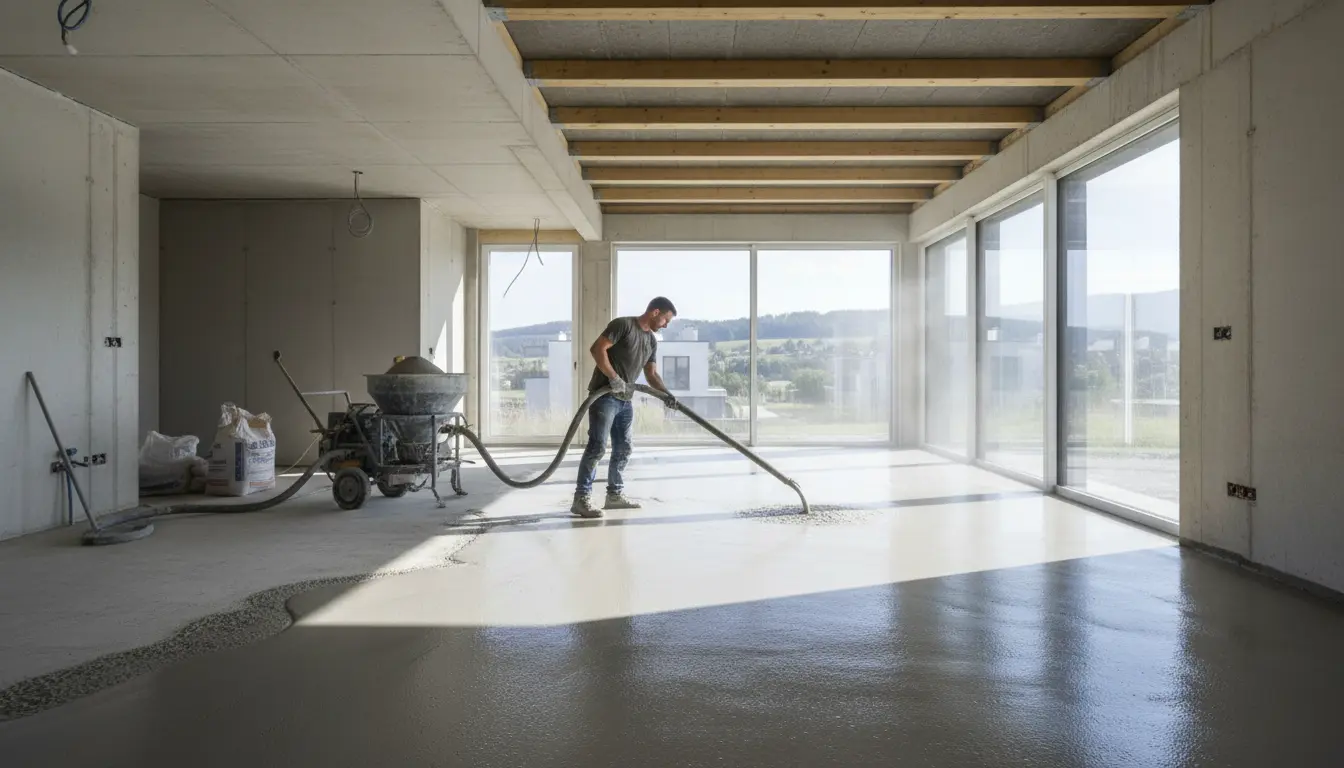 Robotnik wylewa gładką szarą wylewkę anhydrytową pompą w nowoczesnym domu - cena za m2 w 2026 roku wynosi 55-70 zł z materiałem i robocizną