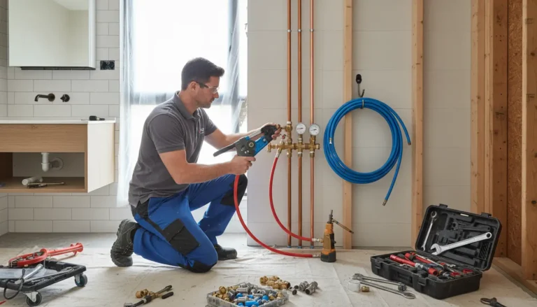 Profesjonalny hydraulik podczas wymiany instalacji wodnej 2026 montujący nowe rury miedziane i PEX w remontowanej łazience - koszt materiałów i robocizny