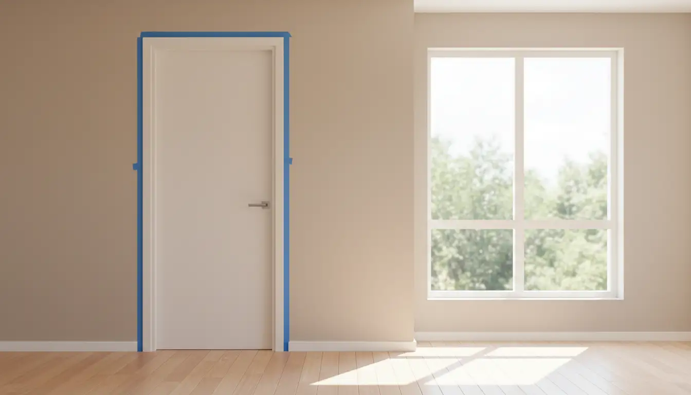 Nowo zamontowane białe drzwi wewnętrzne w jasnym pokoju z klamką i listwami maskującymi - efekt końcowy montażu