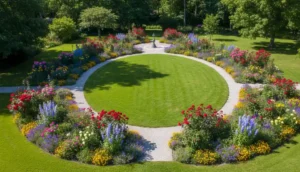 Piękny zielony trawnik z lotu ptaka w zadbanym ogrodzie z rabatami kwiatowymi i ścieżką ogrodową 2026