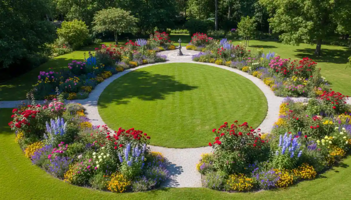 Piękny zielony trawnik z lotu ptaka w zadbanym ogrodzie z rabatami kwiatowymi i ścieżką ogrodową 2026
