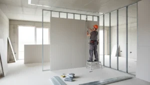 Jak zrobić ściankę działową z regipsu samodzielnie - robotnik montuje płyty gipsowo-kartonowe GK na stalowym stelażu z profili UW i CW, pomiar poziomicą, nowoczesne wykończenie wnętrza