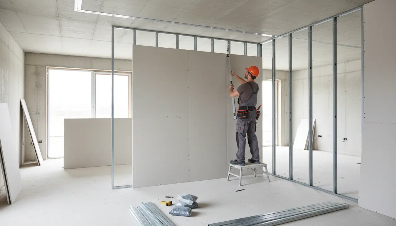 Jak zrobić ściankę działową z regipsu samodzielnie - robotnik montuje płyty gipsowo-kartonowe GK na stalowym stelażu z profili UW i CW, pomiar poziomicą, nowoczesne wykończenie wnętrza