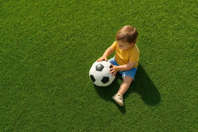 Jaki trawnik wysiać na działkę – zielony, gęsty trawnik uniwersalny rekreacyjny w przydomowym ogrodzie z dzieckiem bawiącym się piłką