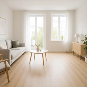 Nowoczesny salon mieszkania z jasnymi panelami podłogowymi laminowanymi w kolorze dąb jasny, minimalistyczne meble skandynawskie i duże okna - przewodnik wyboru paneli podłogowych 2026