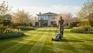 Osoba kosząca świeży zielony trawnik wiosną elektryczną kosiarką przy nowoczesnym domu podmiejskim, widoczne pasy skoszonej trawy wysokości 5-6 cm – kiedy kosić trawnik pierwszy raz na wiosnę 2026