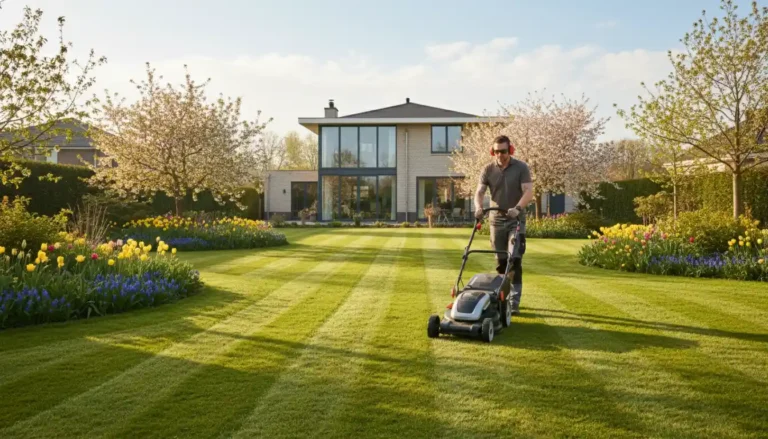 Osoba kosząca świeży zielony trawnik wiosną elektryczną kosiarką przy nowoczesnym domu podmiejskim, widoczne pasy skoszonej trawy wysokości 5-6 cm – kiedy kosić trawnik pierwszy raz na wiosnę 2026