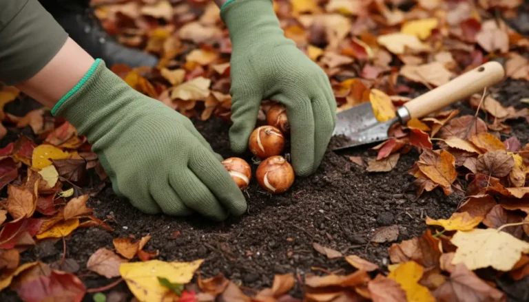 Kiedy sadzić cebulki tulipanów jesienią - ręce w rękawicach ogrodniczych sadzące cebulki tulipanów w glebie ogrodu z liśćmi w tle, czubek cebulki do góry