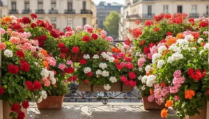 Kiedy sadzić pelargonie na balkon - kolorowe pelargonie czerwone i różowe w skrzynkach balkonowych na słonecznym balkonie miejskim w pełnym rozkwicie
