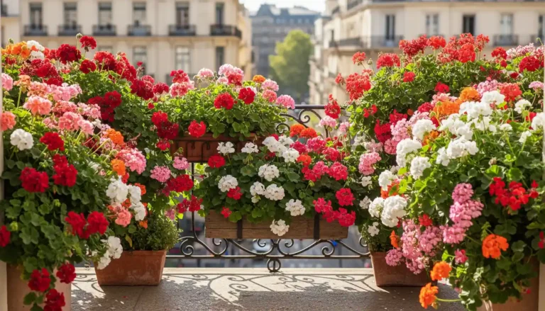 Kiedy sadzić pelargonie na balkon - kolorowe pelargonie czerwone i różowe w skrzynkach balkonowych na słonecznym balkonie miejskim w pełnym rozkwicie