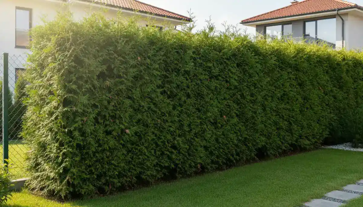 Gęsty zielony żywopłot z tui i cyprysów wzdłuż ogrodzenia - najlepszy termin sadzenia to wczesna jesień września lub wiosna kwietnia maja