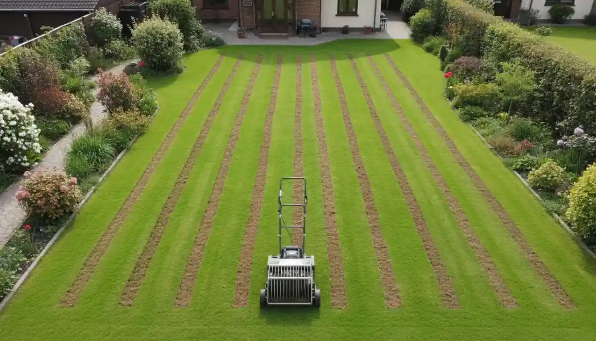 Kiedy wertykulować trawnik - wertykulator elektryczny z nożami pionowymi podczas wertykulacji wiosennej trawnika przydomowego w kwietniu, widok z góry na równe rzędy po wertykulacji