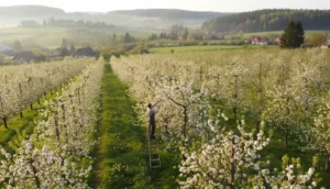 Kiedy przycinać drzewa owocowe na wiosnę - profesjonalny ogrodnik na drabinie przycina gałęzie kwitnących jabłoni w sadzie wczesną wiosną, słoneczny dzień marzec 2026