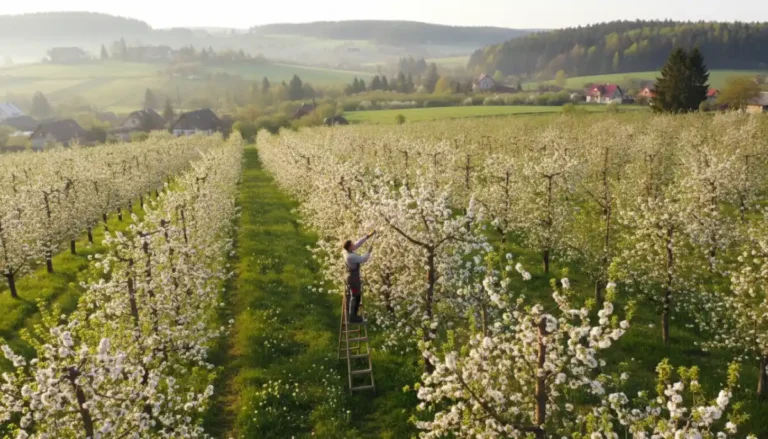Kiedy przycinać drzewa owocowe na wiosnę - profesjonalny ogrodnik na drabinie przycina gałęzie kwitnących jabłoni w sadzie wczesną wiosną, słoneczny dzień marzec 2026