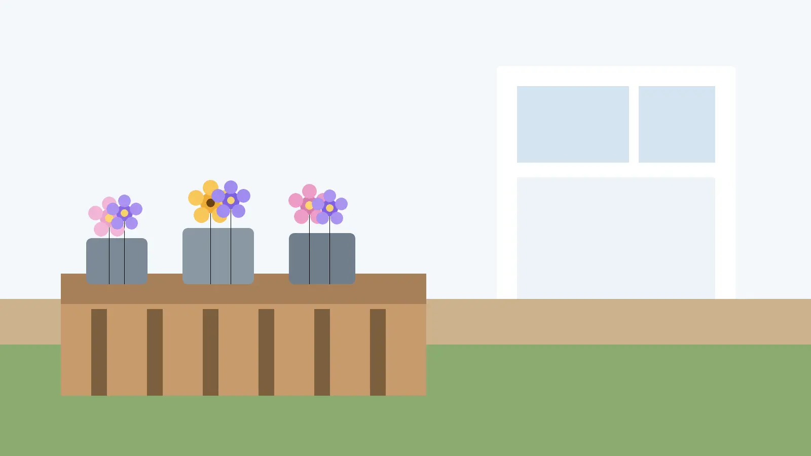 Mała rabata przy tarasie z lawendą, gaillardią i kocimiętką, pokazująca byliny kwitnące całe lato w nowoczesnym ogrodzie.