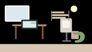 Gabinet do pracy zdalnej w małym mieszkaniu z jasnym biurkiem, ergonomicznym krzesłem i półkami nad blatem w salonowej wnęce