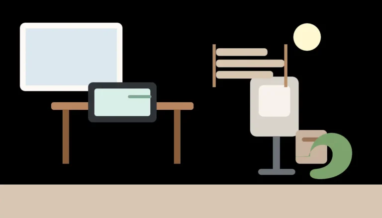 Gabinet do pracy zdalnej w małym mieszkaniu z jasnym biurkiem, ergonomicznym krzesłem i półkami nad blatem w salonowej wnęce