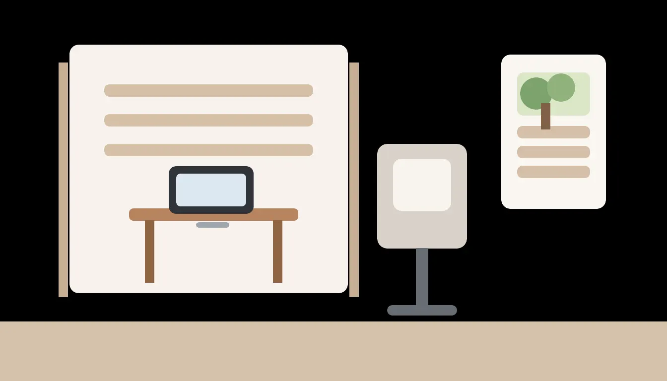 Gabinet do pracy zdalnej w małym mieszkaniu z jasnym biurkiem, półkami nad blatem i ergonomicznym krzesłem