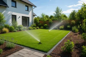 Jaki system nawadniania ogrodu wybrać w nowoczesnym ogrodzie z trawnikiem, zraszaczami wynurzalnymi i linią kroplującą przy rabatach