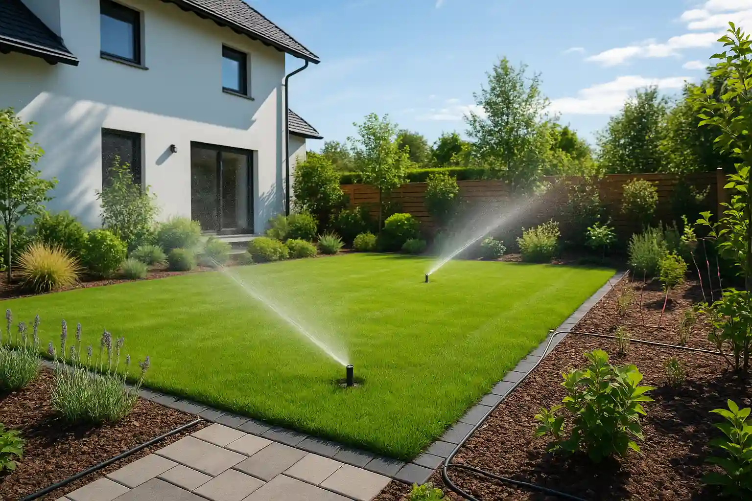 Jaki system nawadniania ogrodu wybrać w nowoczesnym ogrodzie z trawnikiem, zraszaczami wynurzalnymi i linią kroplującą przy rabatach