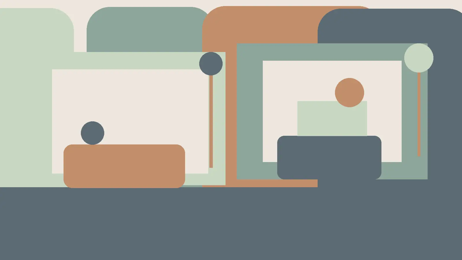 Spokojna paleta kolorów ścian do salonu z ciepłym beżem, zielenią i drewnianymi akcentami we wnętrzu dziennym