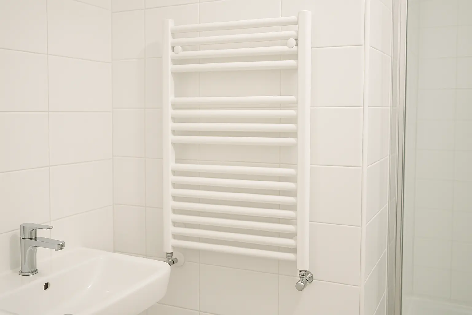 Łazienka walk-in z delikatnym oświetleniem, lustrem LED i nowoczesnym grzejnikiem łazienkowym dopasowanym do spokojnej aranżacji