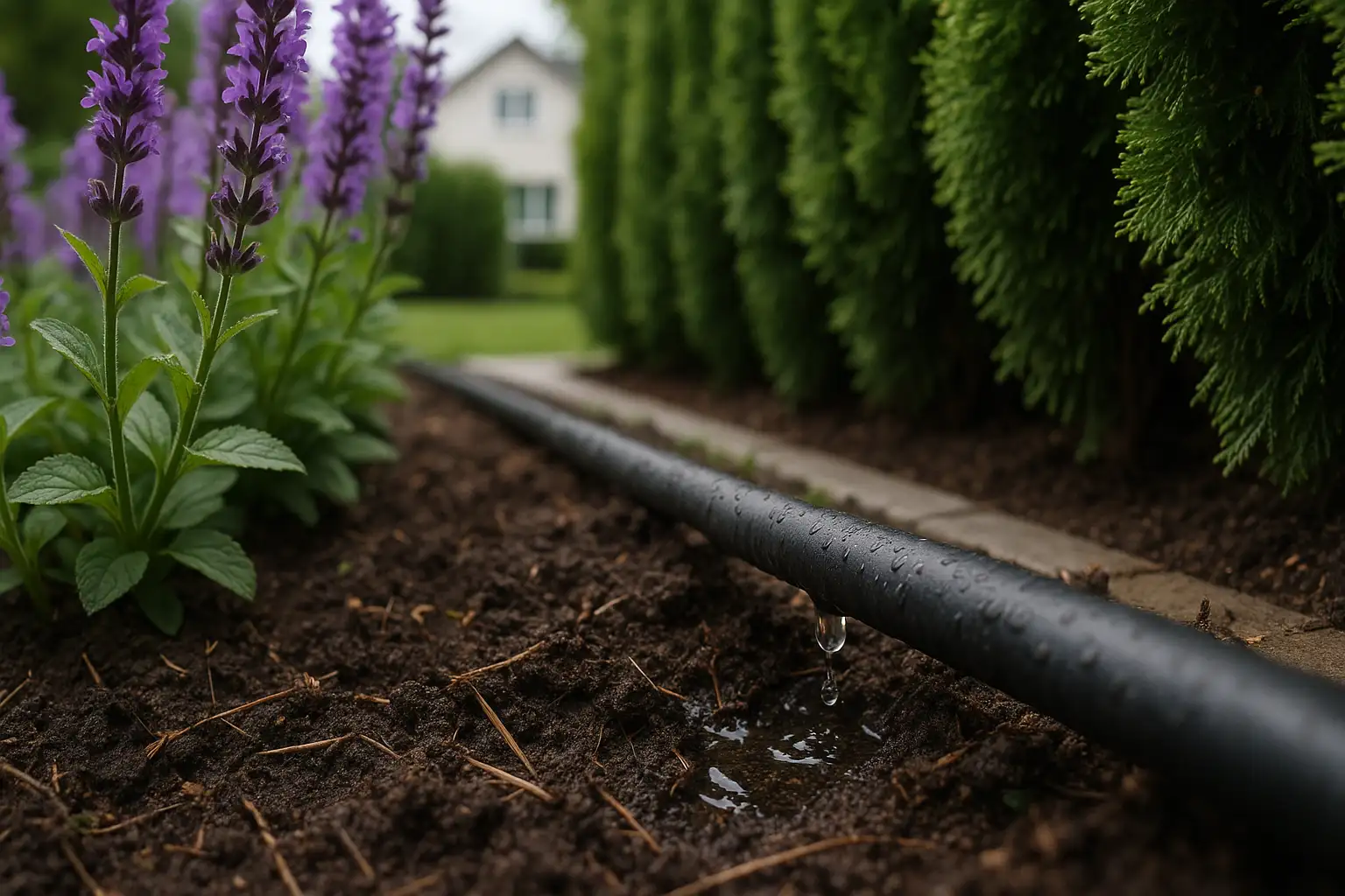 Linia kroplująca przy rabatach i żywopłocie w ogrodzie