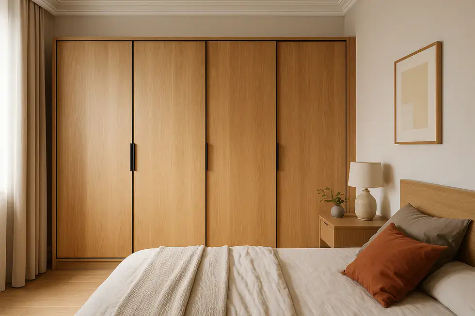 Mała sypialnia z garderobą we wnęce i zabudową na wymiar, jasne fronty oraz funkcjonalne przechowywanie w mieszkaniu