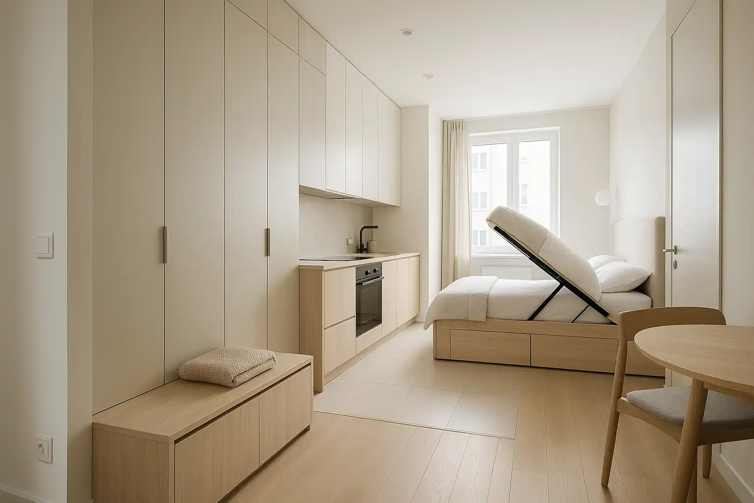 Mała kuchnia z zabudową do sufitu i zamkniętymi szafkami ułatwiającymi przechowywanie