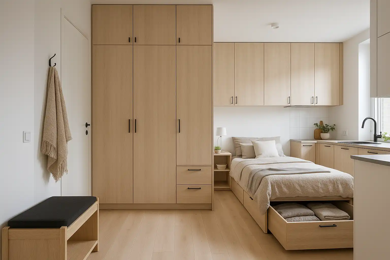 Łóżko z pojemnikiem w małym mieszkaniu z jasną zabudową i uporządkowaną strefą sypialni