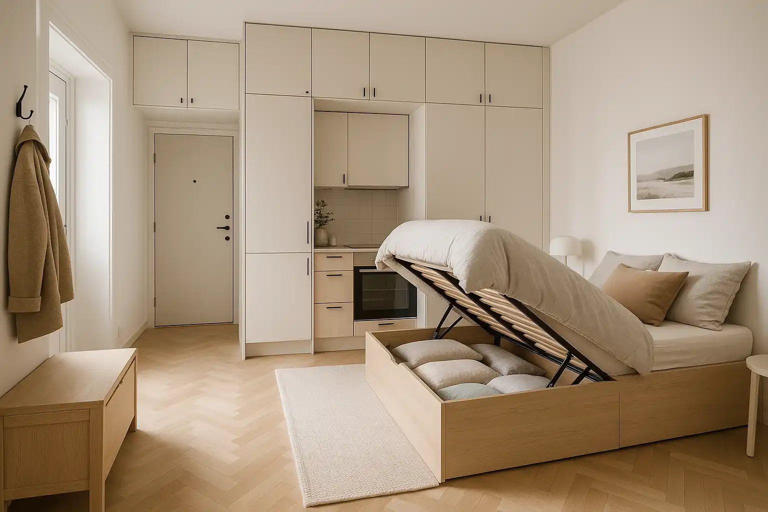 Wąski przedpokój w małym mieszkaniu z płytką szafką na buty i ławką ze schowkiem