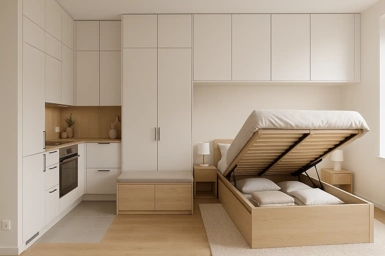 Małe mieszkanie praktyczne rozwiązania przechowywania z jasną zabudową do sufitu, ukrytymi frontami i uporządkowaną strefą dzienną w nowoczesnym wnętrzu
