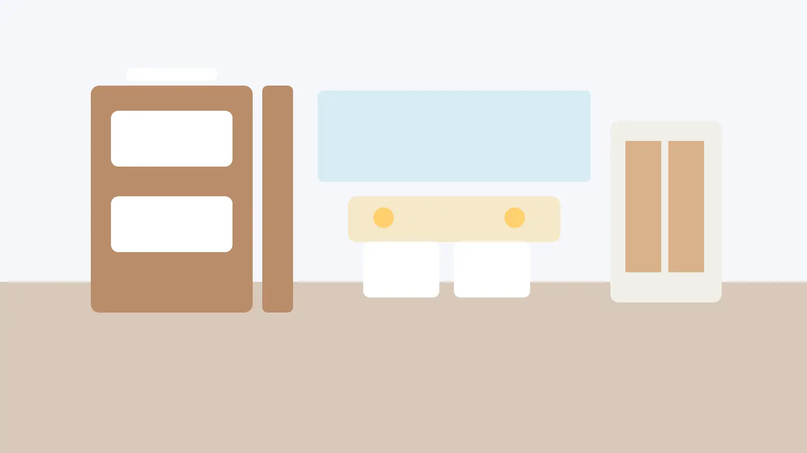 Mały pokój dla dwójki dzieci z łóżkiem piętrowym, dwoma biurkami i zabudową do sufitu w jasnym stylu.