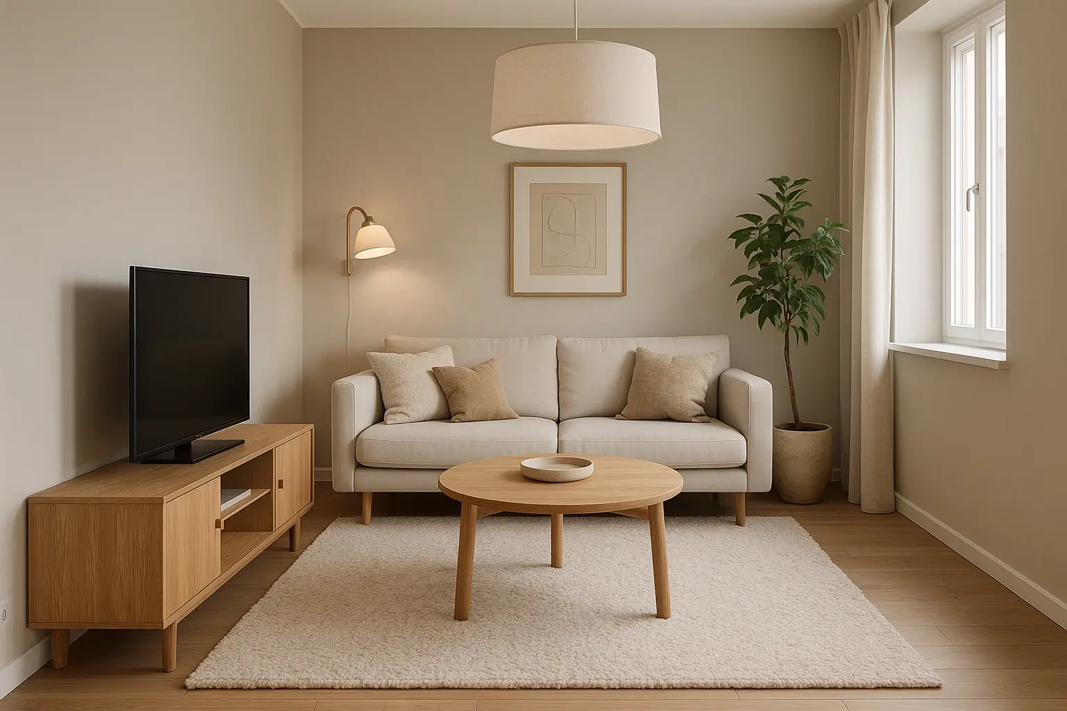 Mały salon skandynawski z dębową szafką RTV, okrągłym stolikiem kawowym i miękkim dywanem boucle