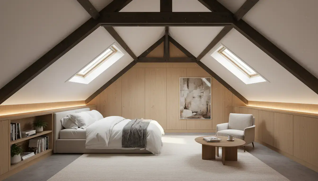 Nowoczesna sypialnia master bedroom z garderobą, dużym lustrem, spokojną kolorystyką i funkcjonalną zabudową na ubrania