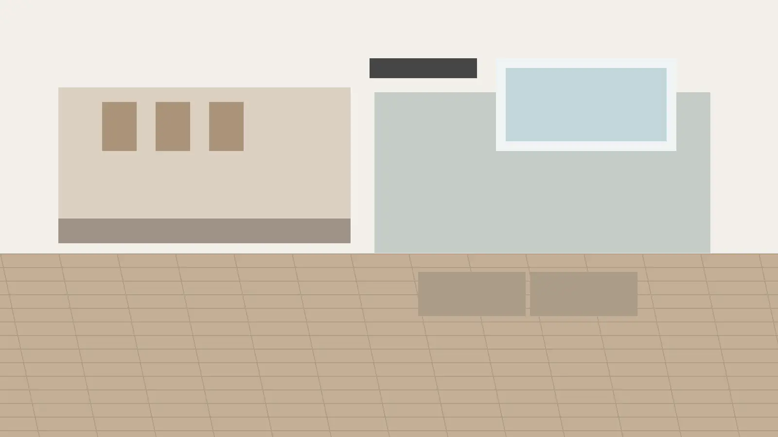 Otwarta kuchnia z salonem z ciepłym oświetleniem, spokojną paletą kolorów i harmonijnym połączeniem kuchni z salonem